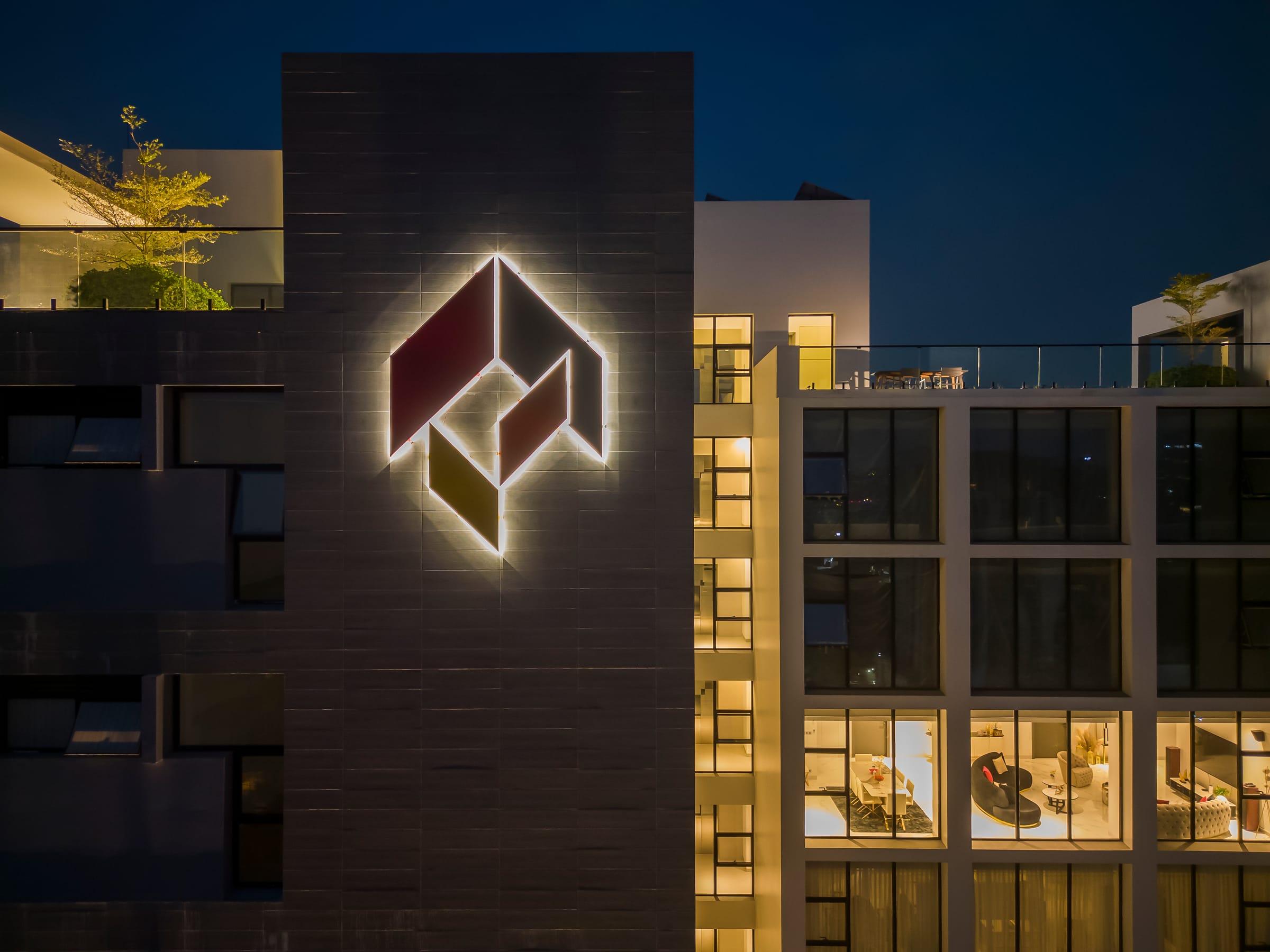 The mark, lit at night