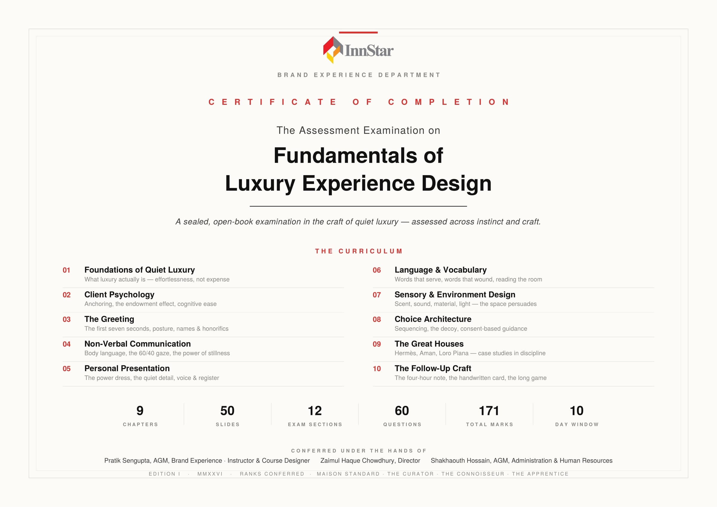 Certificate of completion for the assessment examination on Fundamentals of Luxury Experience Design
