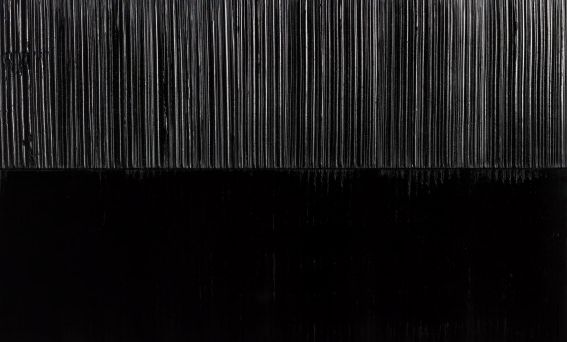 Black painting, striated upper field over a flat black ground