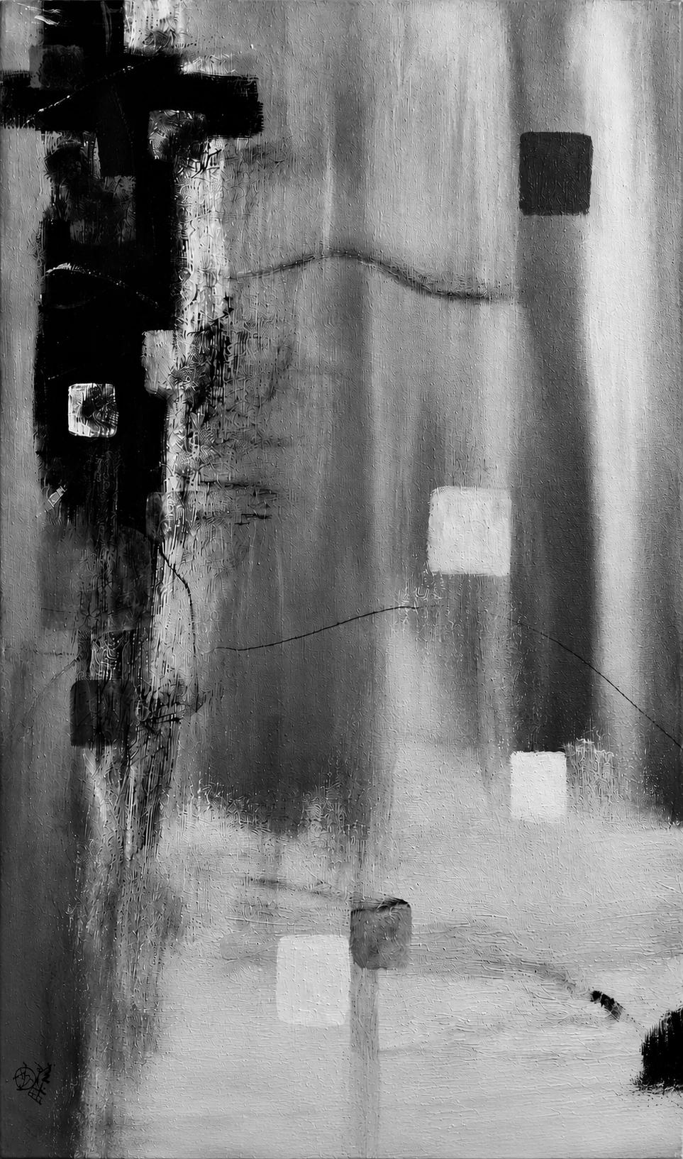 Vertical abstract, a dark impasto column at the left and pale squares drifting across a soft grey field