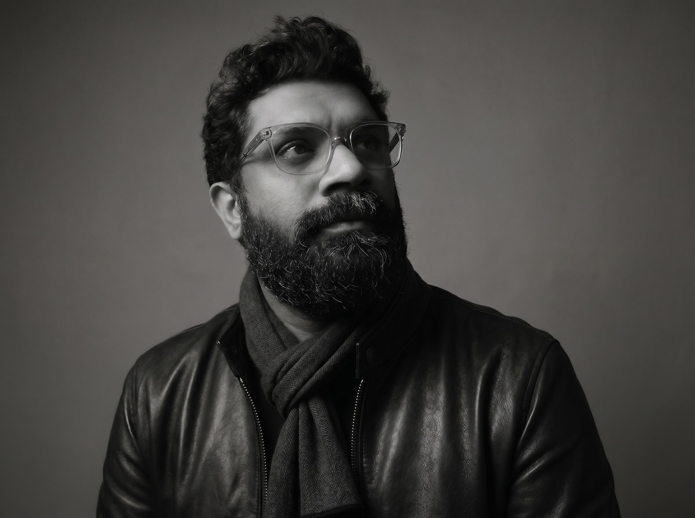The author in a leather jacket, warm black portrait