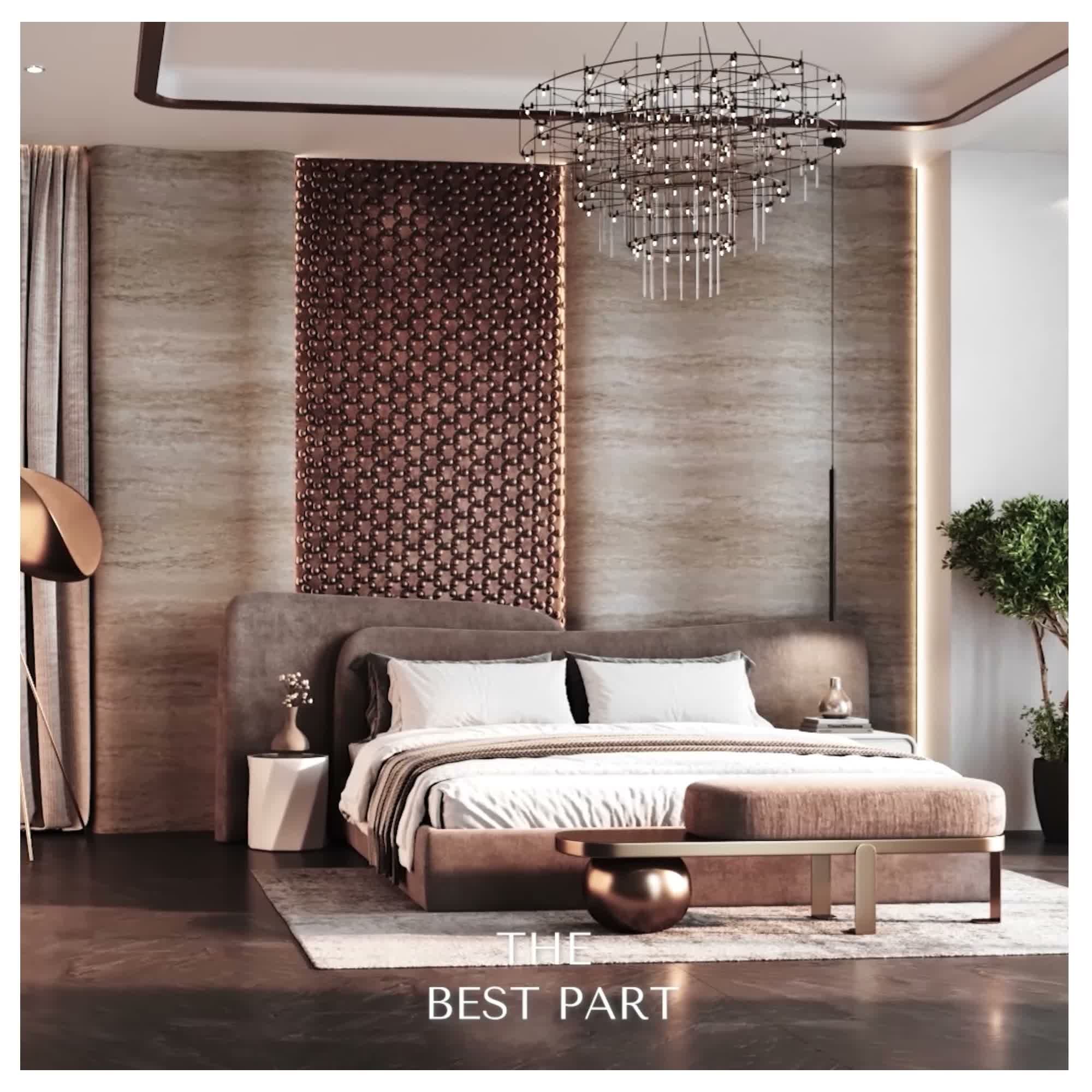 Still from The Sky is Yours: the master bedroom under its chandelier