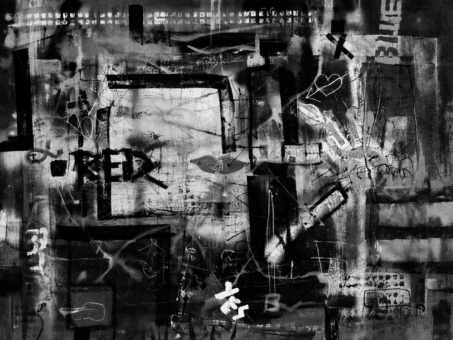 Dense dark abstract, layered rectangles and scratched lettering over a near-black ground
