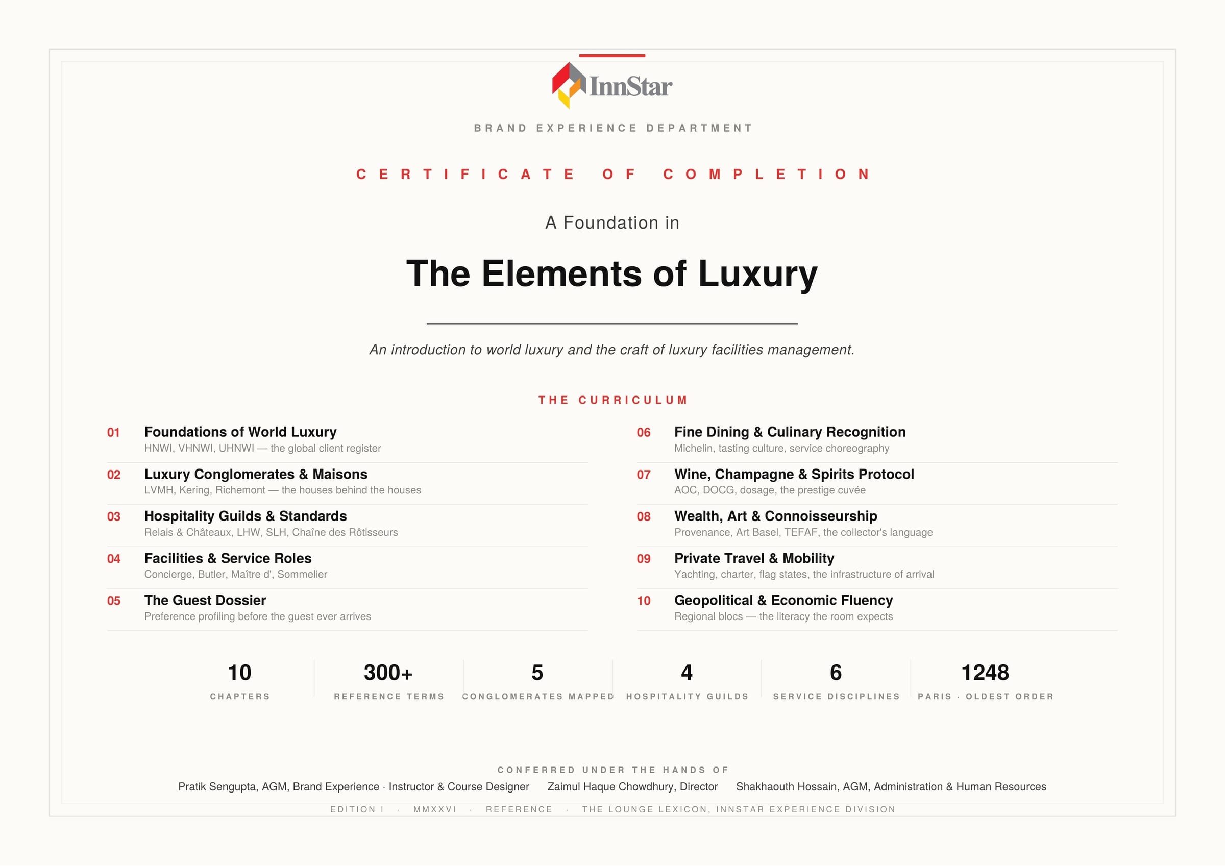 Certificate of completion for The Elements of Luxury, InnStar Brand Experience Department